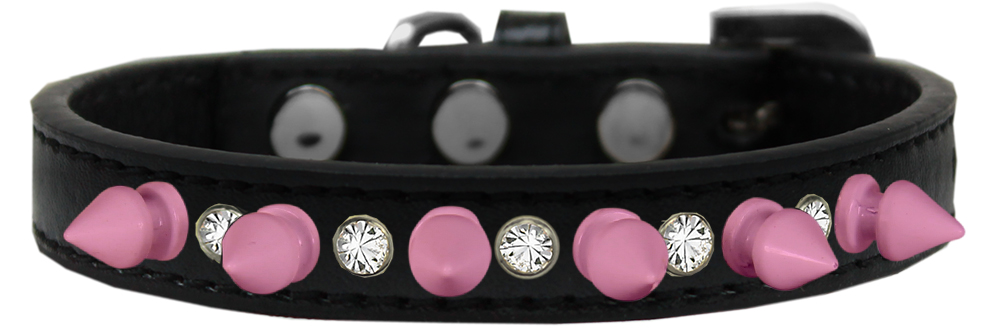 Crystal and Light Pink Spikes Dog Collar Black Size 16